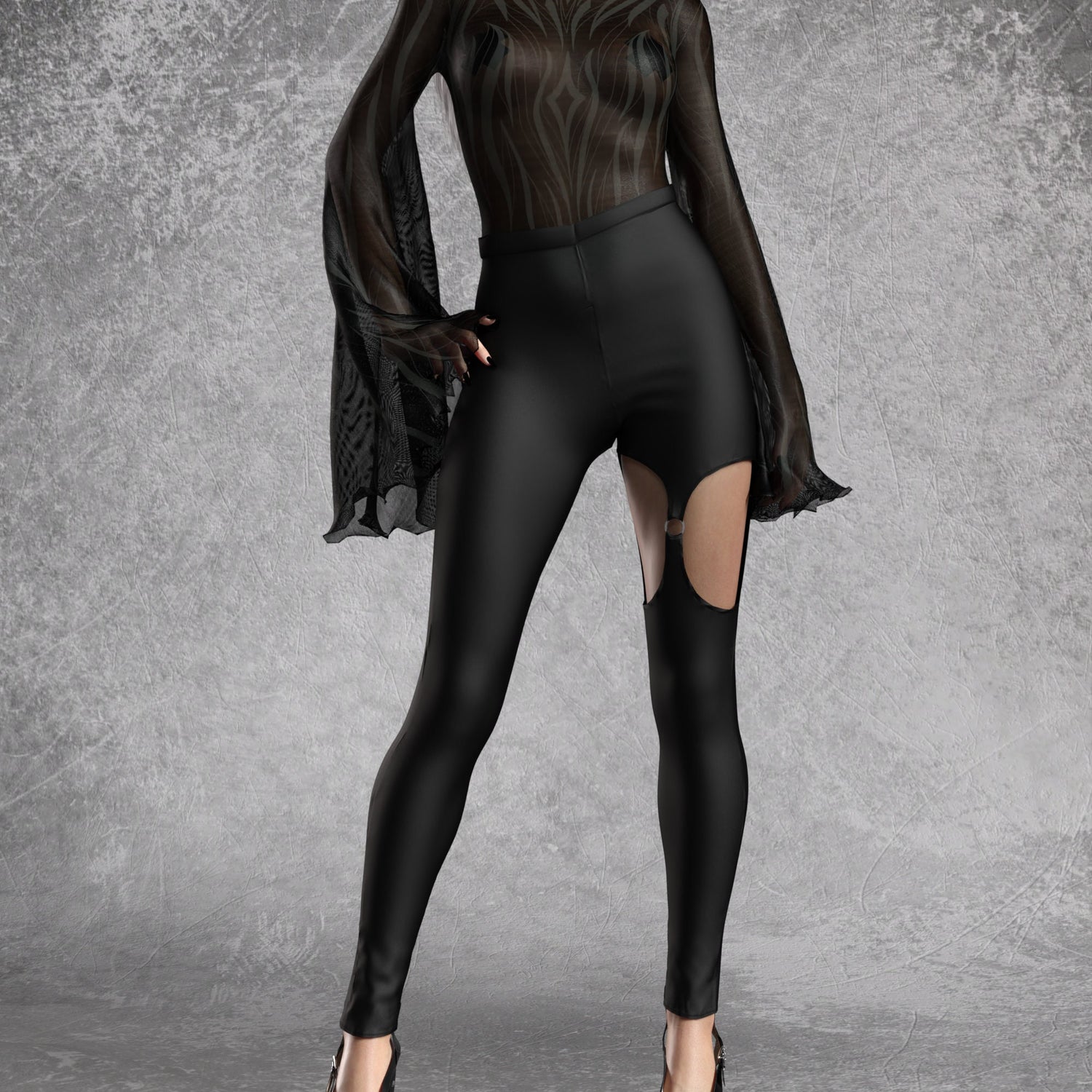 Heart Of Darkness Grey Mesh Bare Back Leotard Black