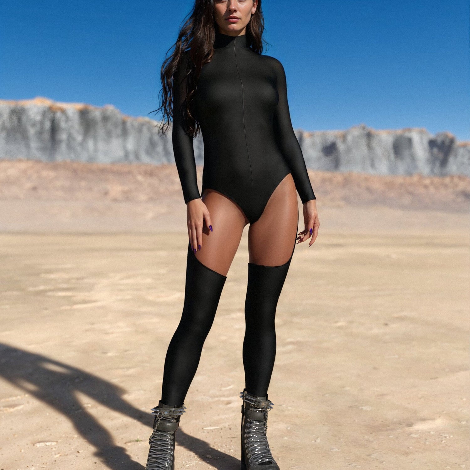 Just Black Front Zip Chaps Leotard Black