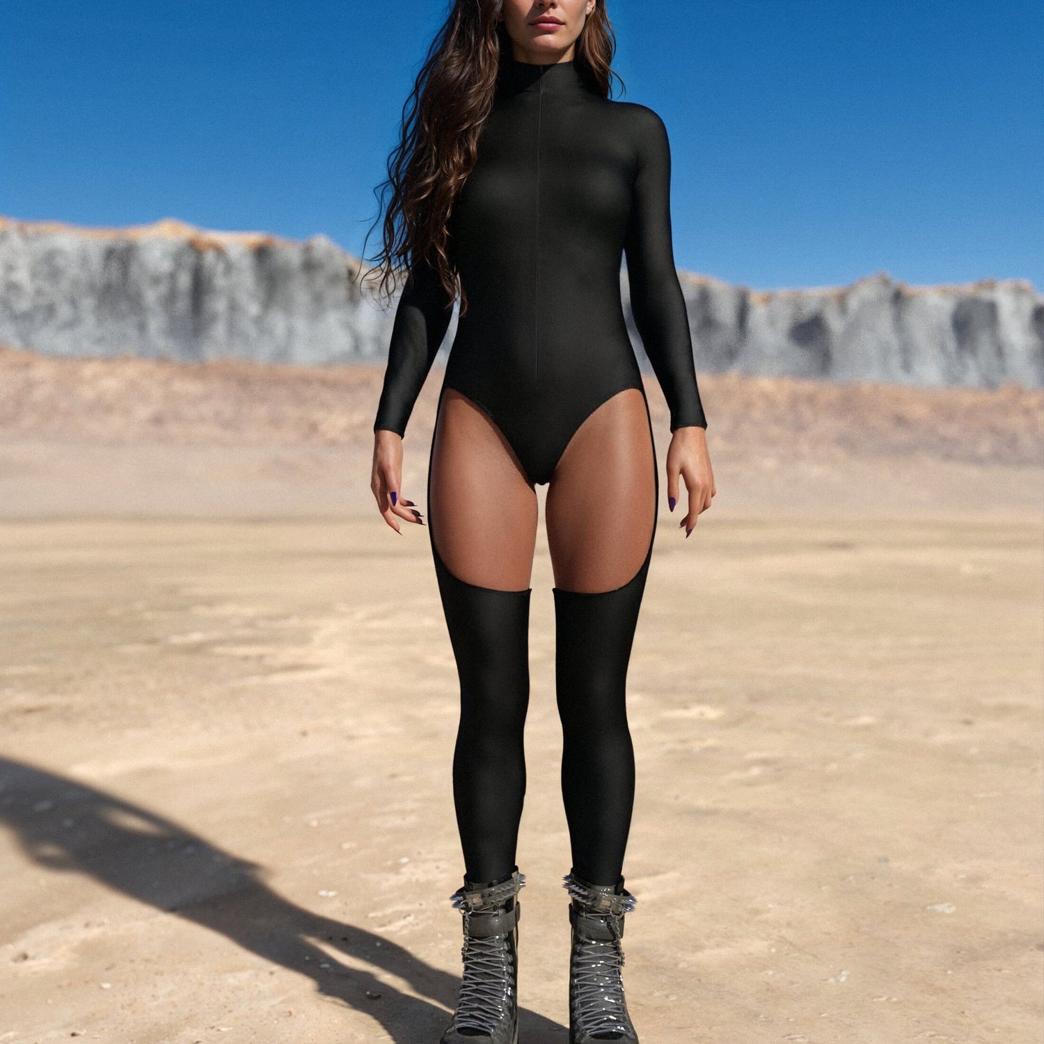 Just Black Front Zip Chaps Leotard Festival, Performance