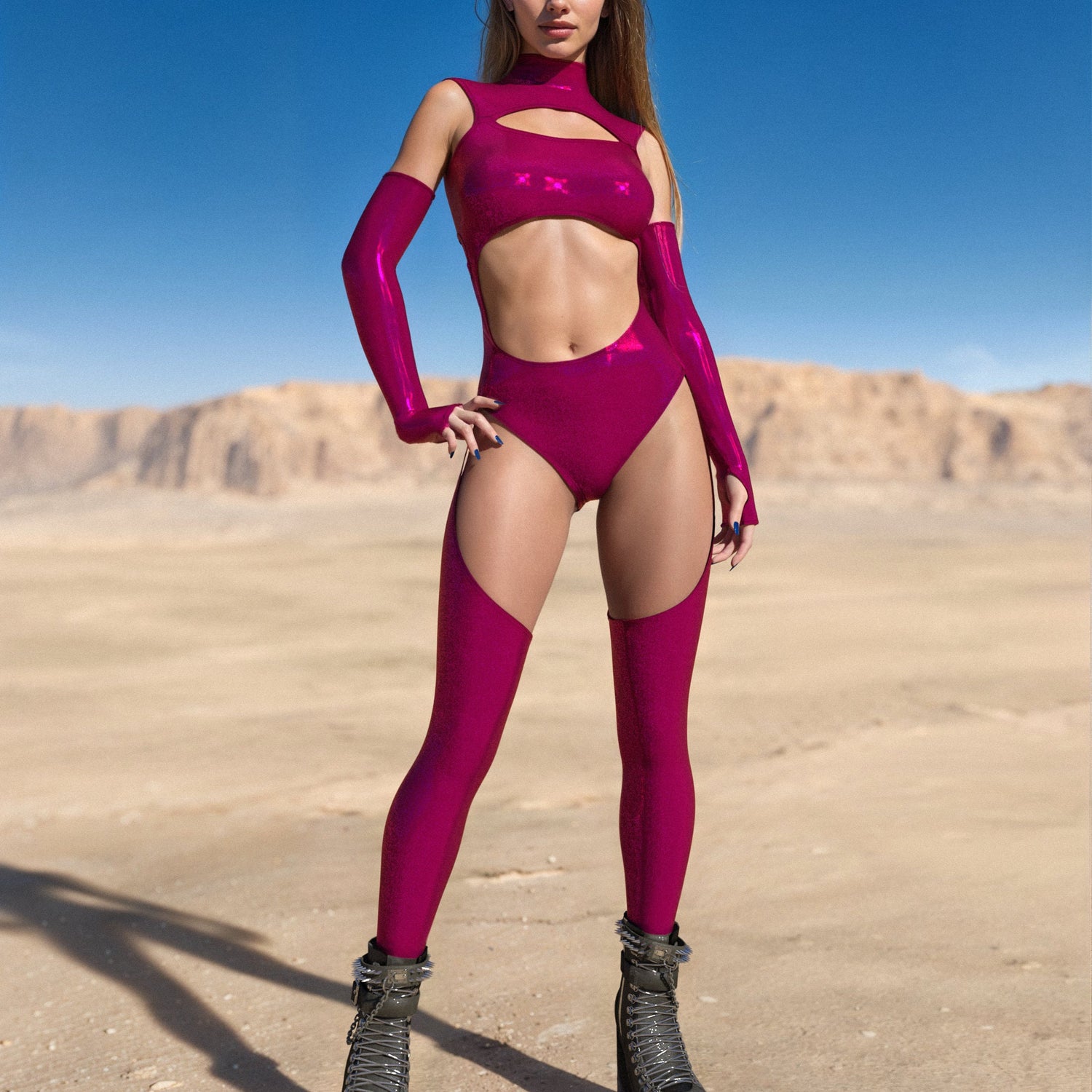 Luxe Rose Shiny Chaps Leotard Pink