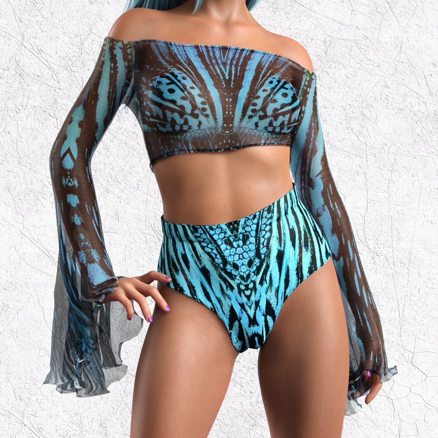 Blue Hypnotic Mesh Off Shoulder Top 6